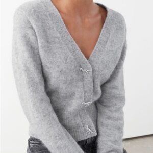& Other Stories Grey V-Neck Wool-Blend Cardigan w/ Dinosaur Buttons